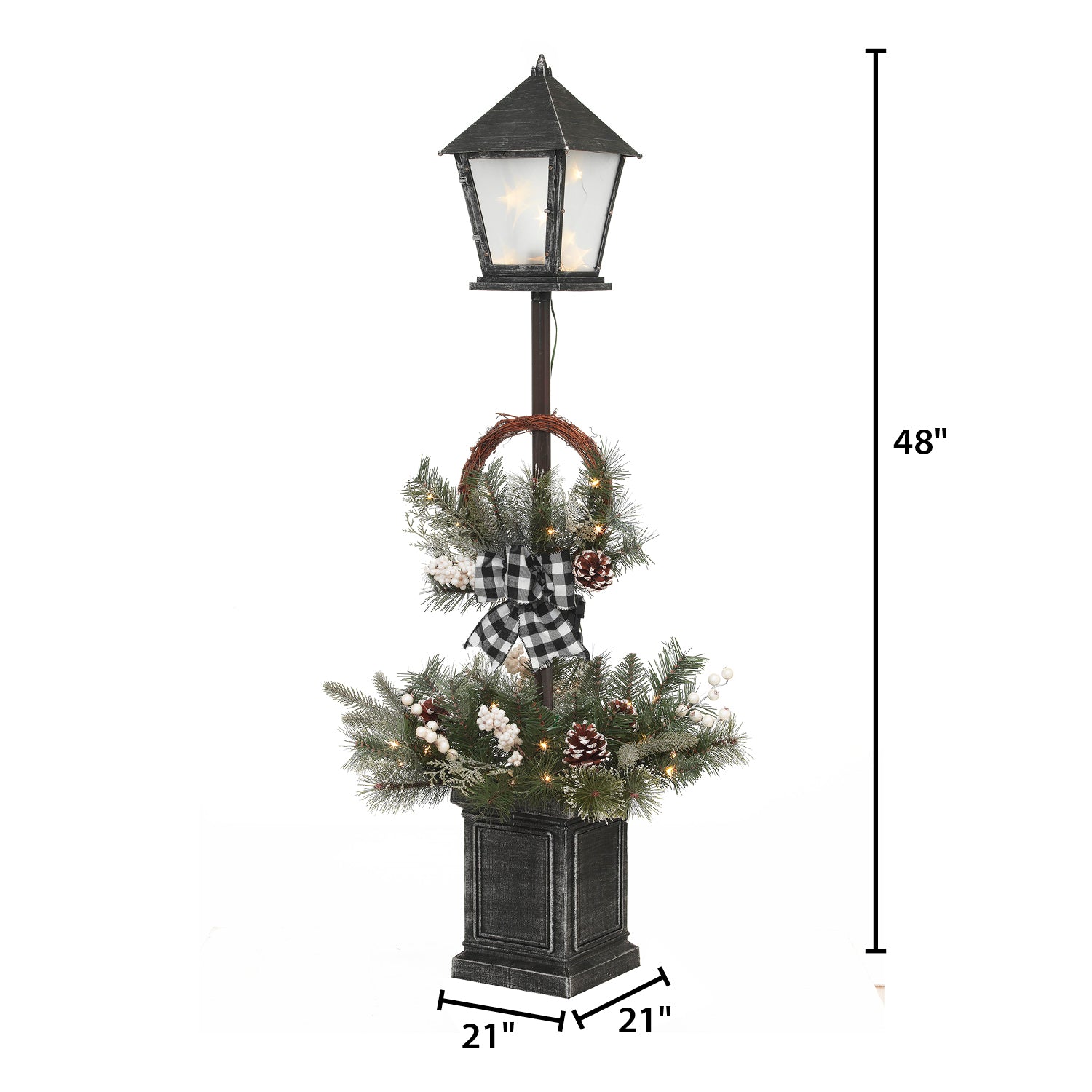 Vintage Lantern Post with Wreath and micro LED lights, Timer